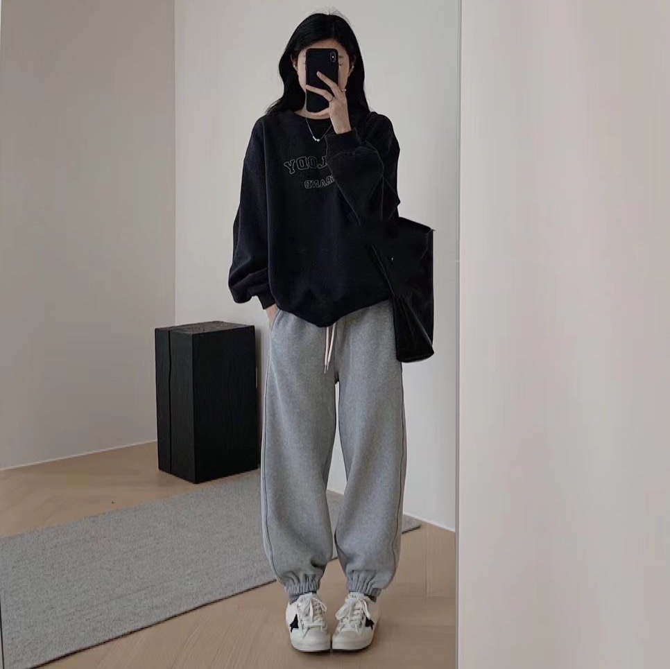 韓國chic 2023秋季新款美式復古慵懶寬鬆百搭加絨衛衣+衛褲兩件套