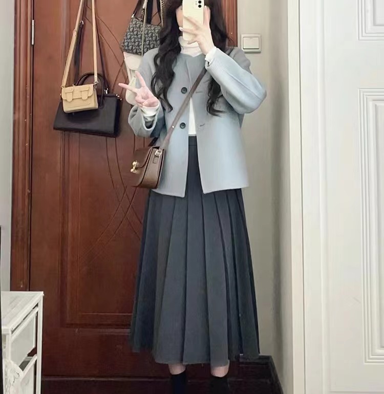 鹽系輕熟兩件套裝法式高級感毛呢外套百褶半身裙深冬裝搭配一整套