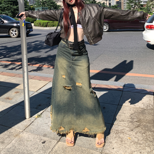 Photographed in  Autumn/Winter Fashion Long Dress, Versatile Style, Desolate Blue Denim Skirt