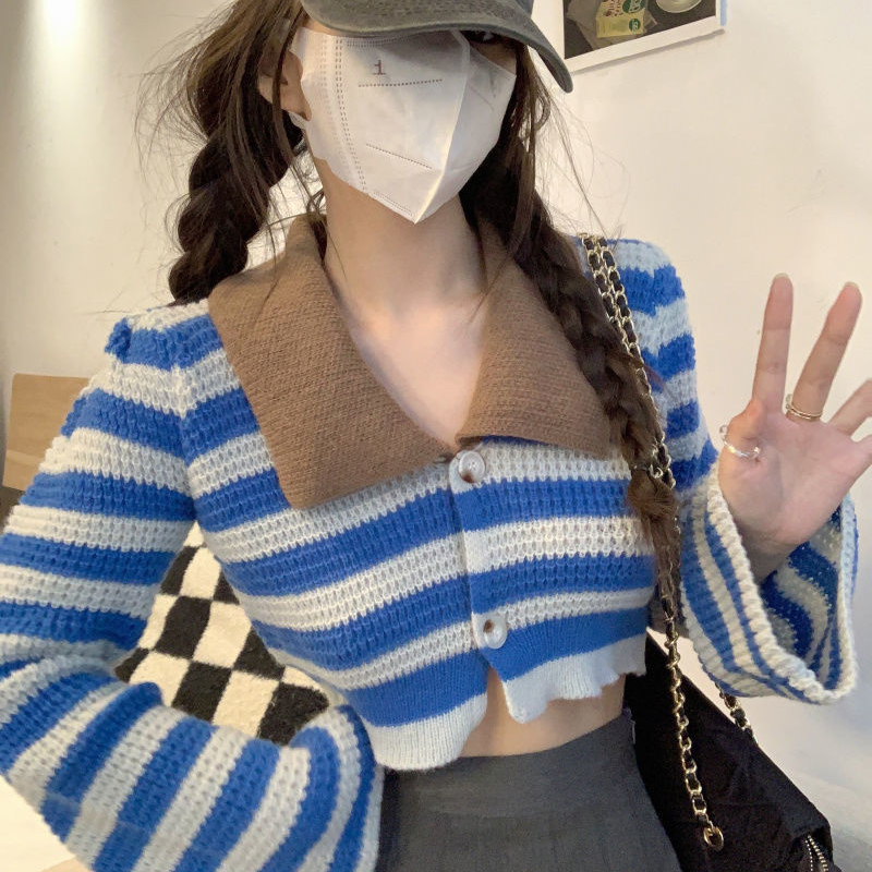 復古條紋短款長袖毛衣開衫女春秋新款潮顯瘦設計感小眾polo領上衣