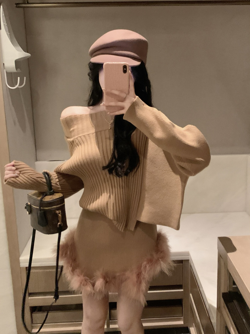 實拍~大小姐駕到、高領毛衣拼接半身裙時尚套裝女