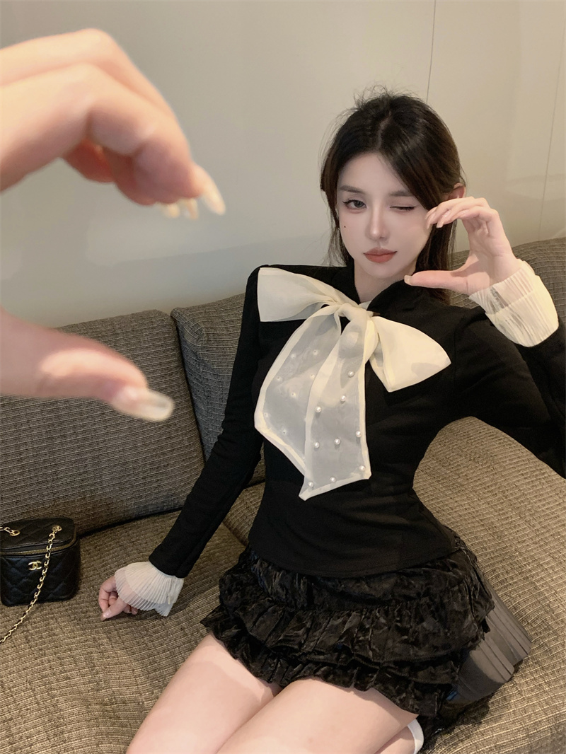 實拍 富貴千金小姐珍珠蝴蝶結修身顯瘦打底單穿上衣