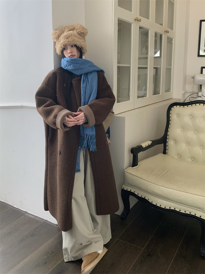 實拍  冬季羊羔毛外套女中長款寬鬆羊羔絨保暖休閒加厚棉服