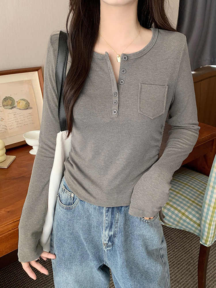 螺紋長袖T恤女2023秋冬新款抽繩上衣設計感半開領修身內搭打底衫