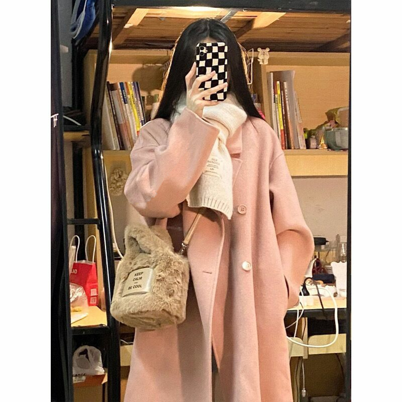 350克粉色毛呢外套女2023秋冬季新款呢子大衣赫本風小個子韓系