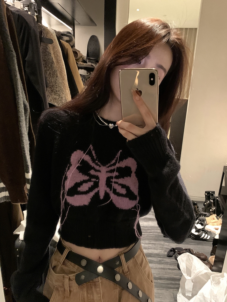 美式撞色蝴蝶流蘇馬海毛針織衫毛衣女短款寬鬆時髦設計感小眾上衣