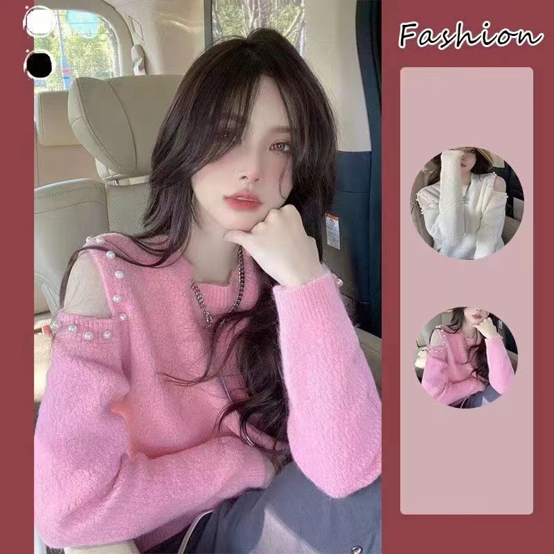 重工別致毛衣女秋季新款設計感小心機露肩短款小眾針織衫上衣