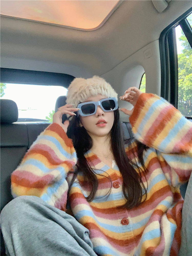 實拍~復古港風落日條紋針織毛衣外套2023新款慵懶chic開衫女