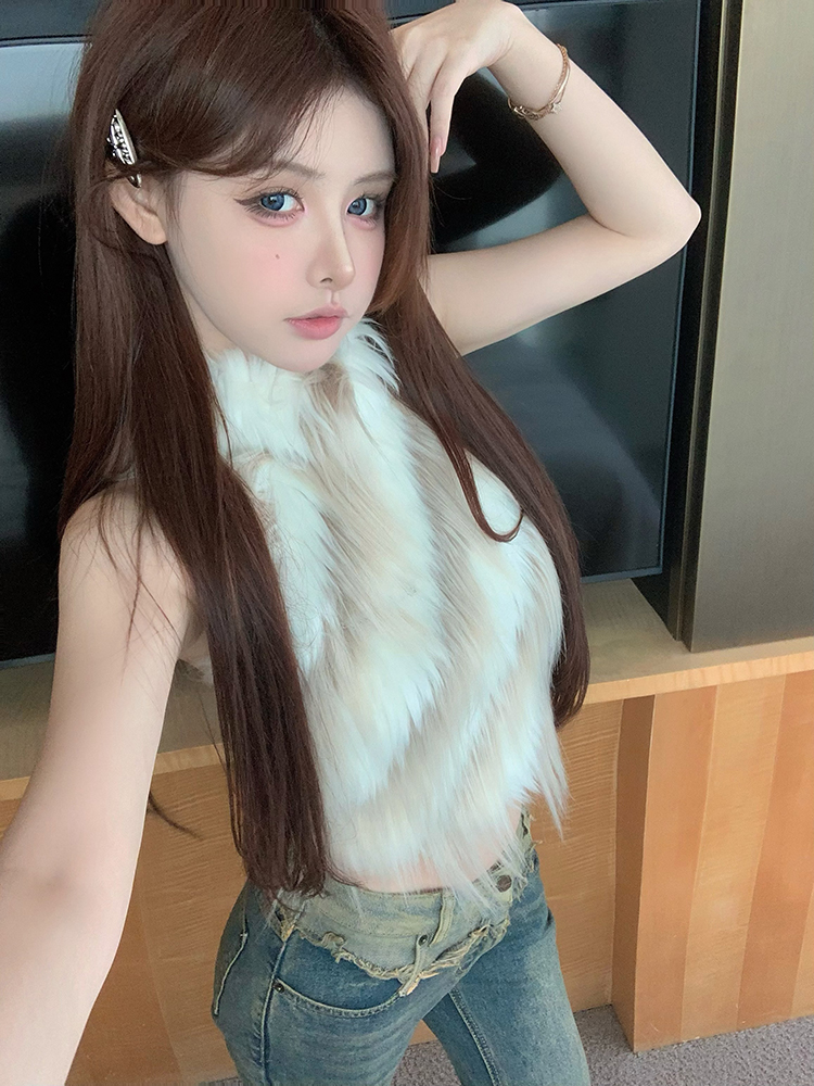 實拍 冰淇淋提花長毛環保皮草辣妹露背掛脖背心