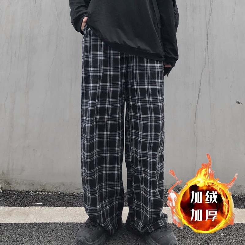實拍冬季加絨加厚褲子韓版寬鬆格子休閒顯瘦闊腿褲