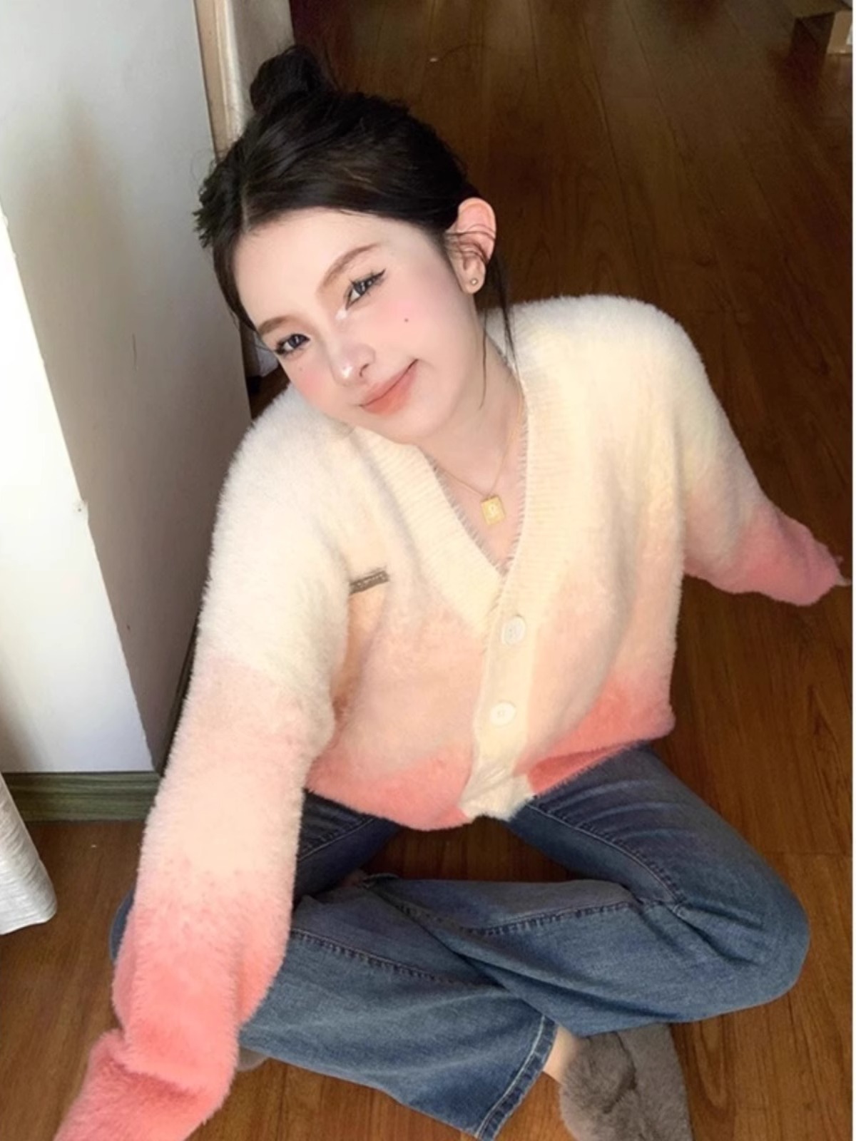 仿貂#粉色漸變仿貂毛毛衣外套女秋冬奶系穿搭高級感軟糯糯減齡