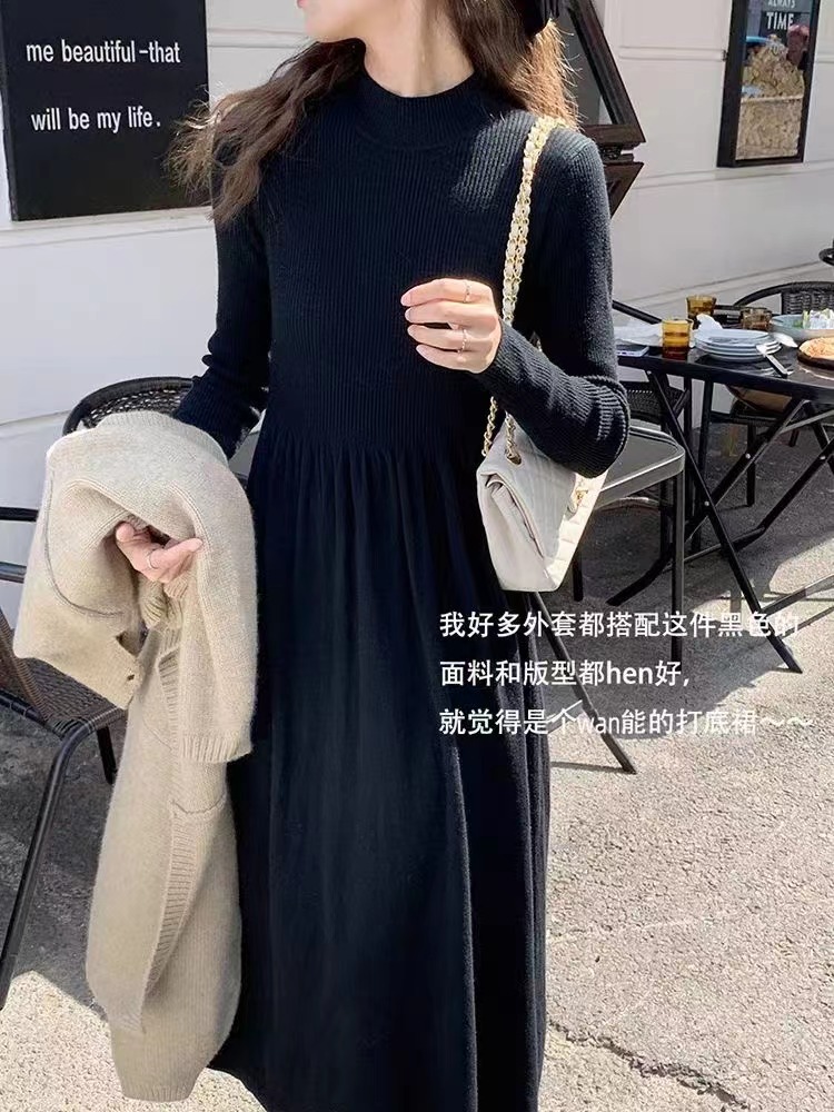 陸小團團半高領針織連衣裙大衣內搭2023冬季新款miu系穿搭裙子女