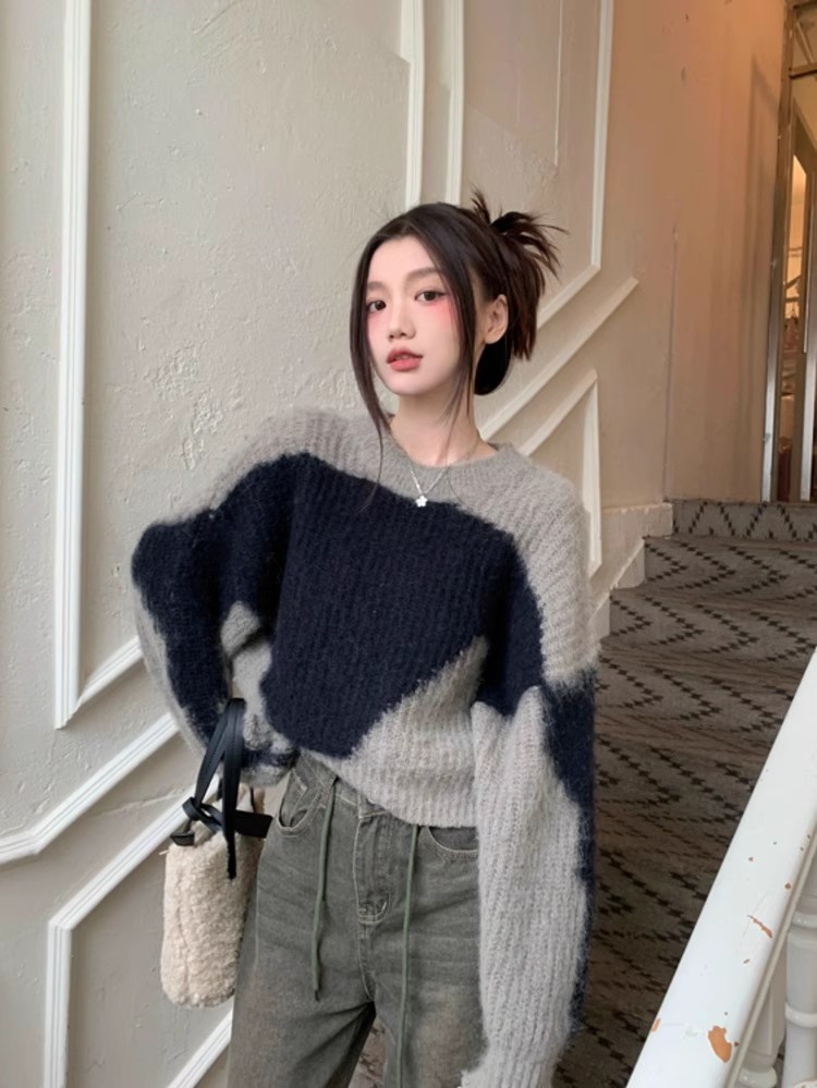 高級感復古撞色套頭毛衣女秋冬新款軟糯慵懶風短款寬鬆針織衫上衣