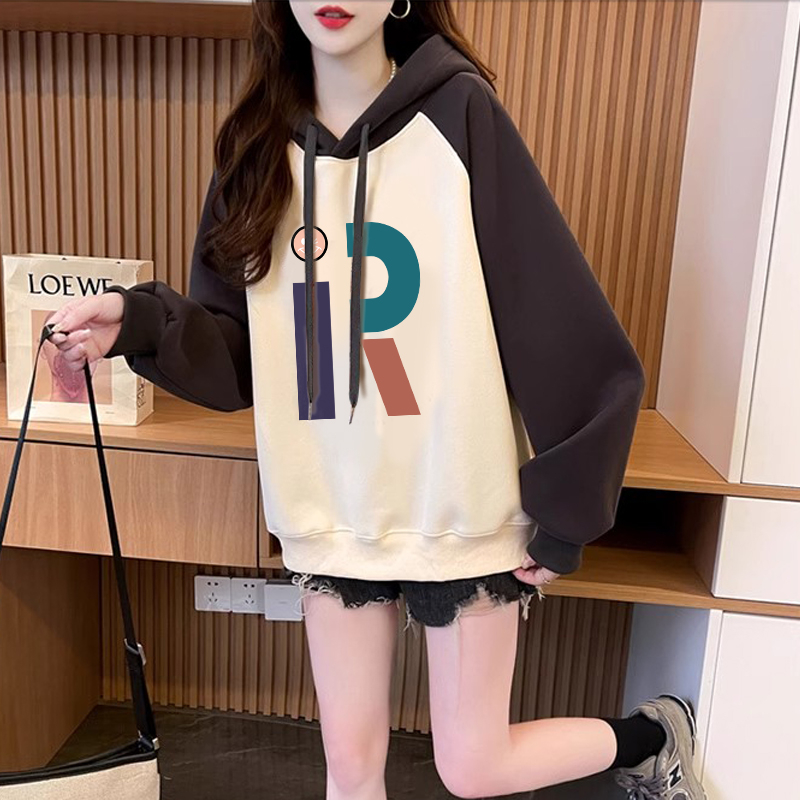 仿華棉複合220克銀狐絨/後包領秋冬加絨加厚衛衣女撞色印花上衣