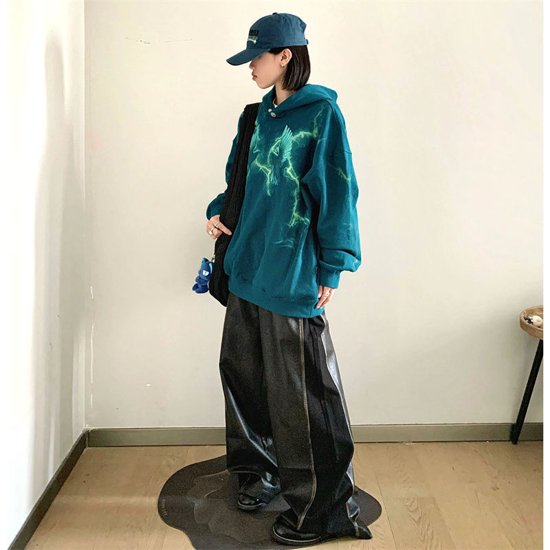 純棉  加絨 潮牌設計打紐扣 噴霧印花連帽百搭衛衣