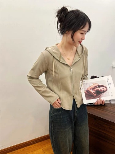 Korean style double zipper design hooded cardigan for women 2023 autumn new pure cotton slim casual short jacket trend