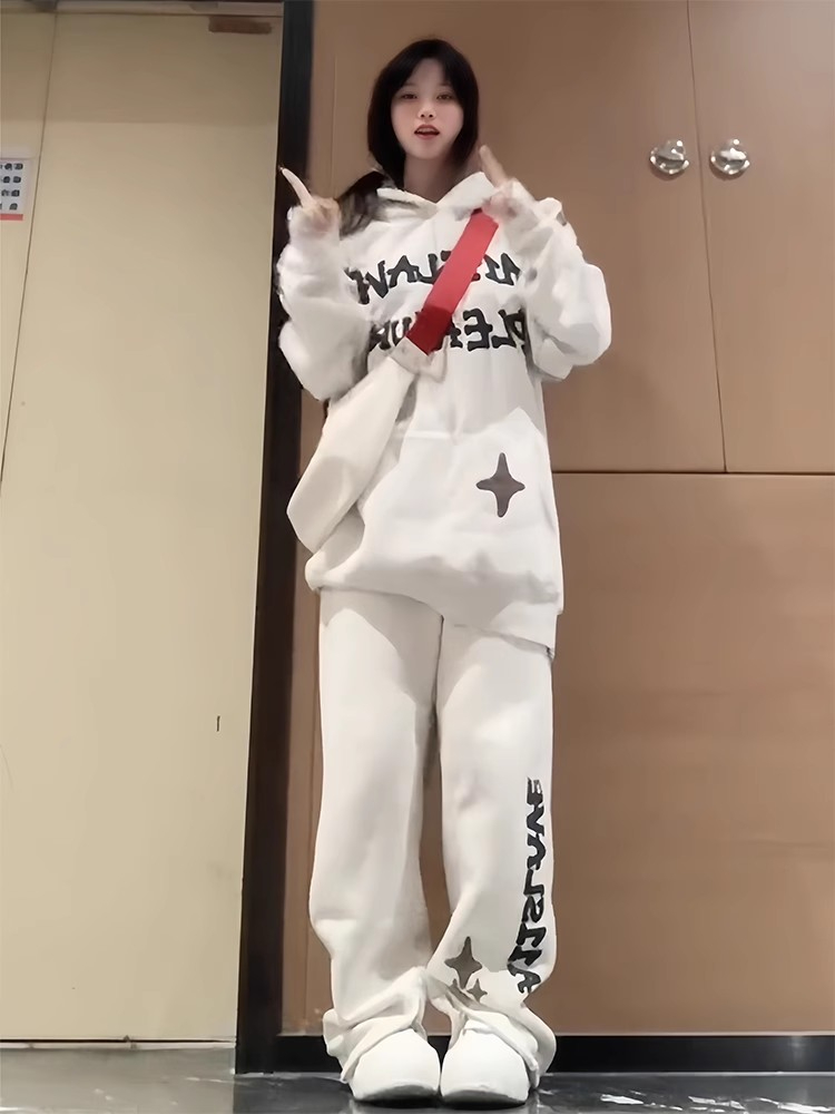 美式少女休閒運動服套裝女秋冬字母印花學生寬鬆衛衣衛褲兩件套潮