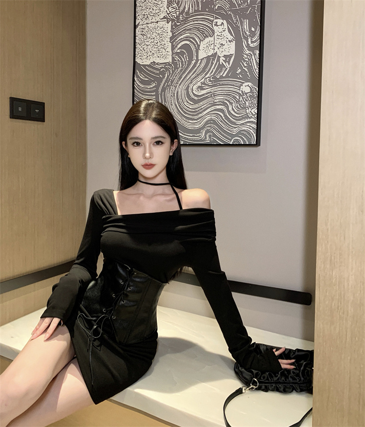 實拍 辣妹束腰御姐斜肩露肩修身顯瘦高腰連衣裙短款