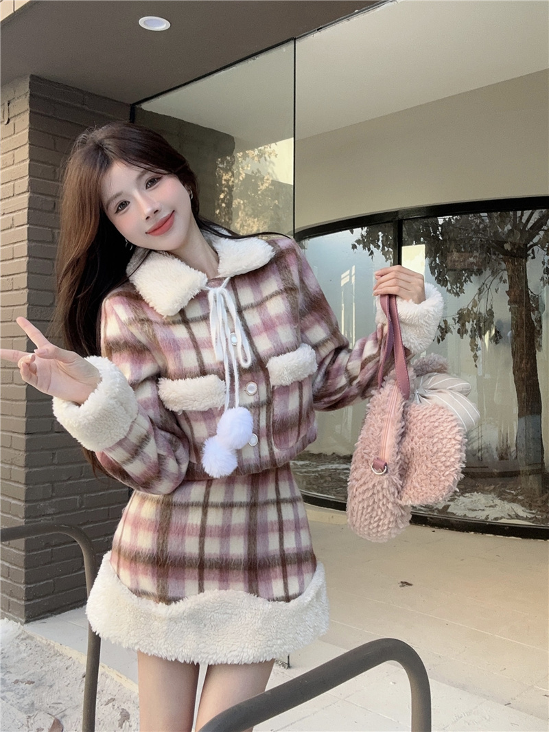 實拍~秋冬新款甜酷溫柔格子顯瘦氣質呢子短外套半身裙套裝女