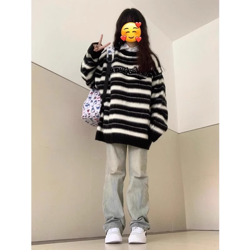 國潮軟糯糯條紋毛衣女小眾設計感秋冬慵懶風寬鬆港味復古chic上衣