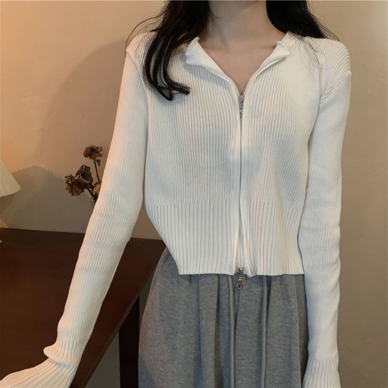 復古連帽條紋針織開衫女秋季設計感小眾雙拉鏈短款外搭上衣ins潮
