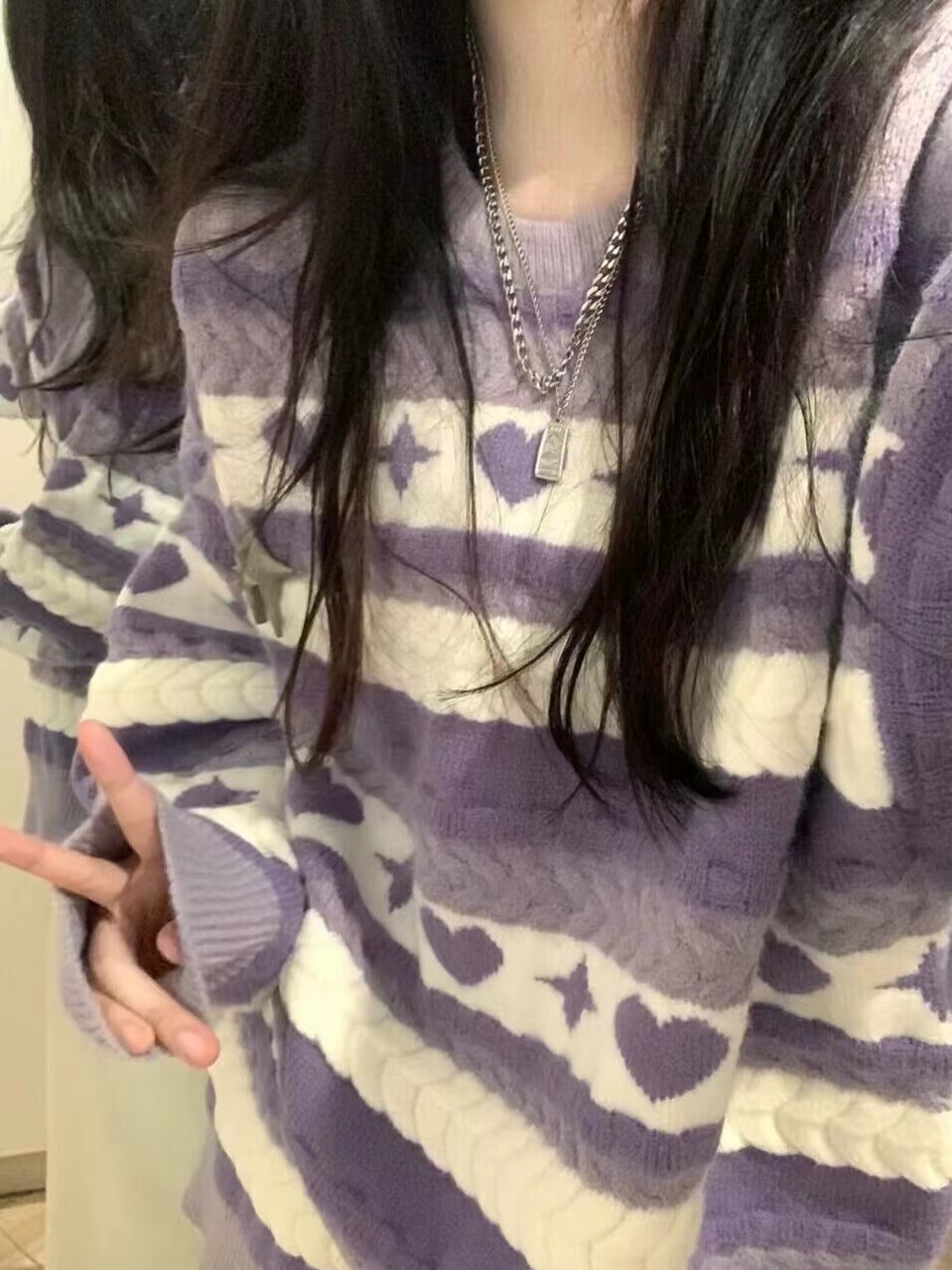 紫色毛衣女冬季新款設計感小眾日系慵懶風復古條紋針織衫圓領上衣