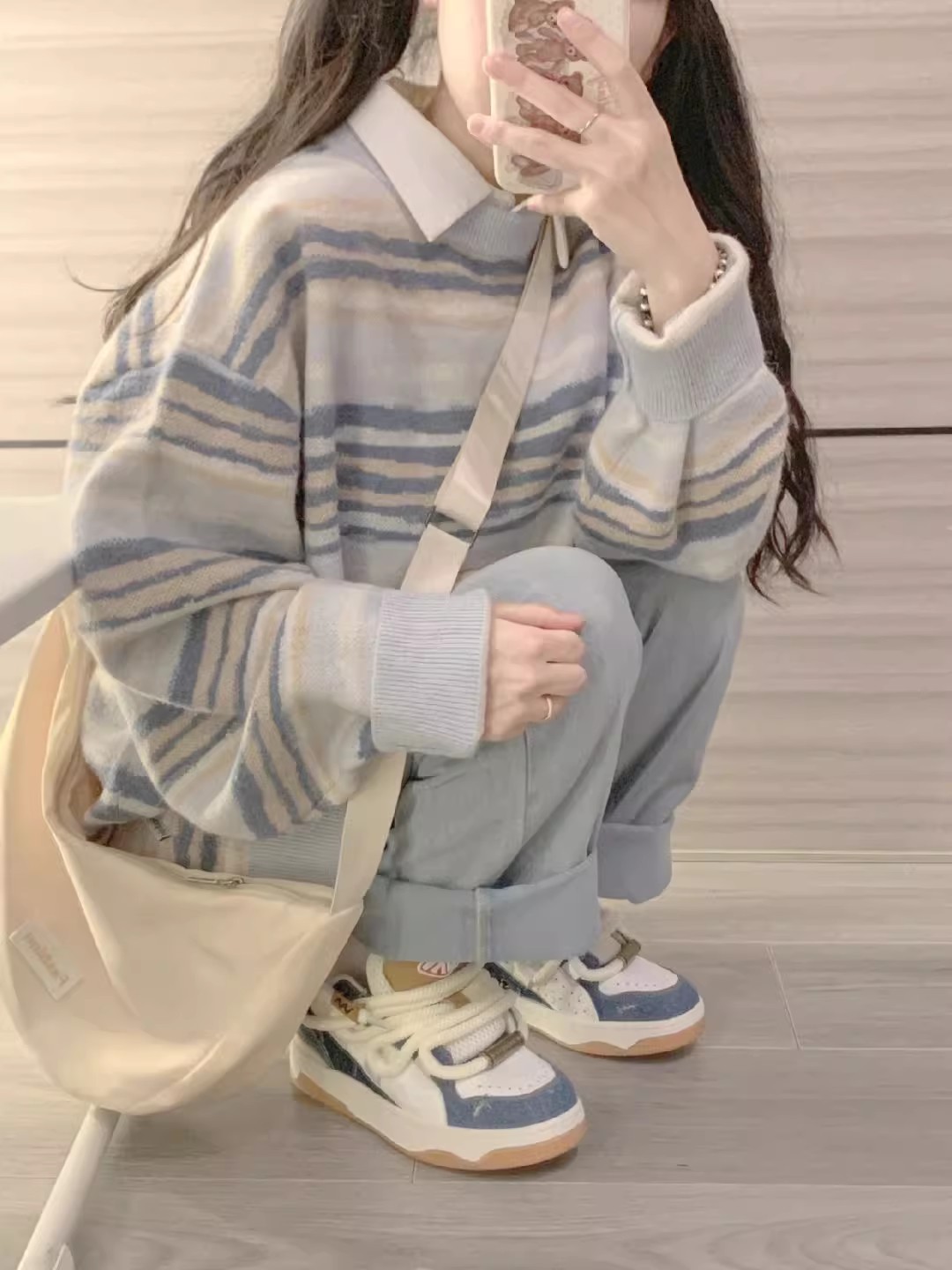 慵懶風條紋毛衣女秋冬2023新款寬鬆小個子溫柔軟糯套頭針織衫上衣