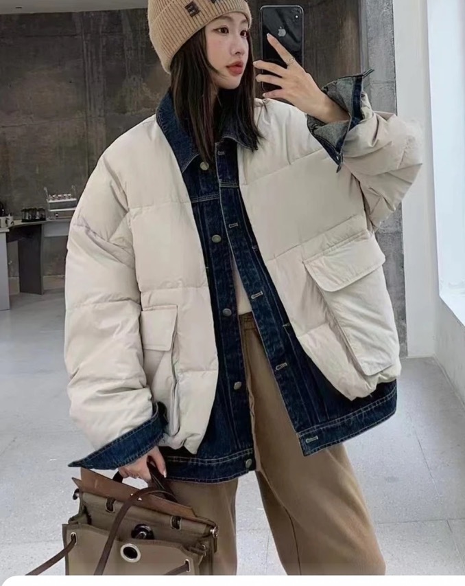 2023冬季韓版牛仔拼接假兩件牛仔羽絨服女大口袋短款棉服棉衣外套