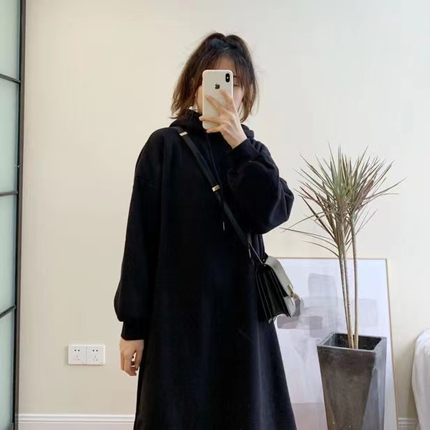 250克大衛衣 雙層帽 秋冬季韓版簡約休閒開叉連衣裙衛衣女