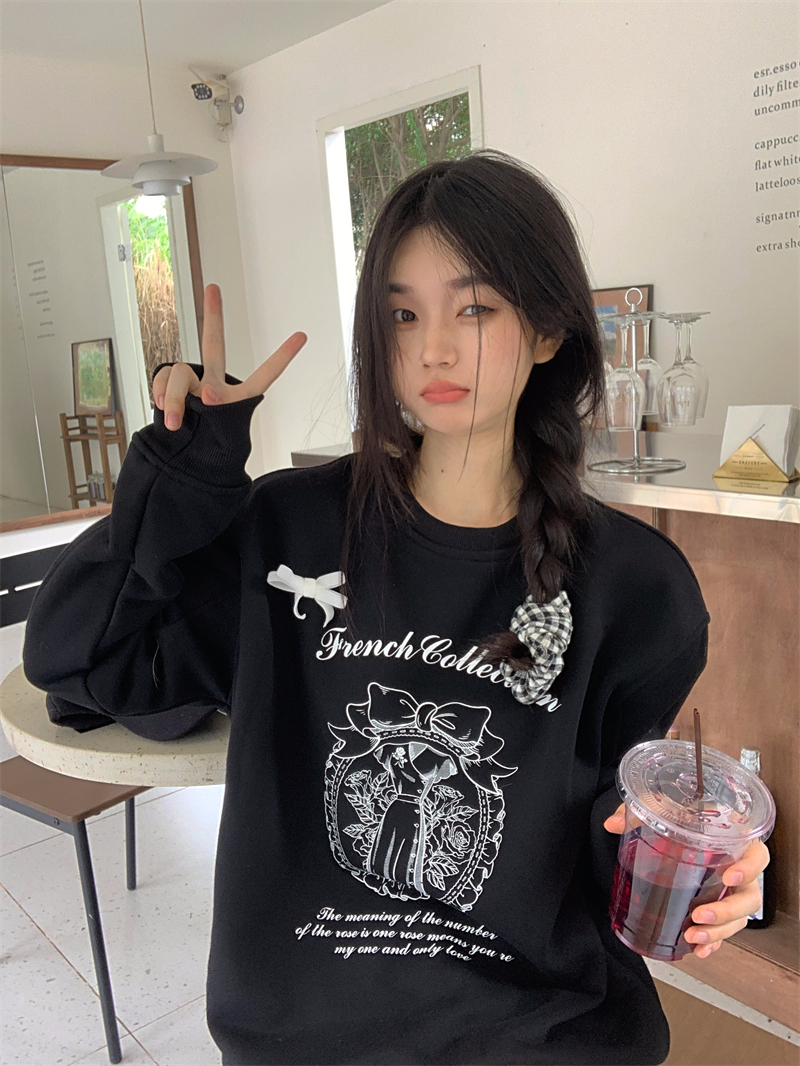 實拍  加絨圓領蝴蝶結印花寬鬆衛衣