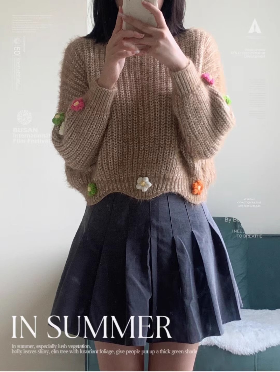 2023年新款秋冬季女裝時尚立體花朵短款軟糯慵懶風毛衣外套上衣女