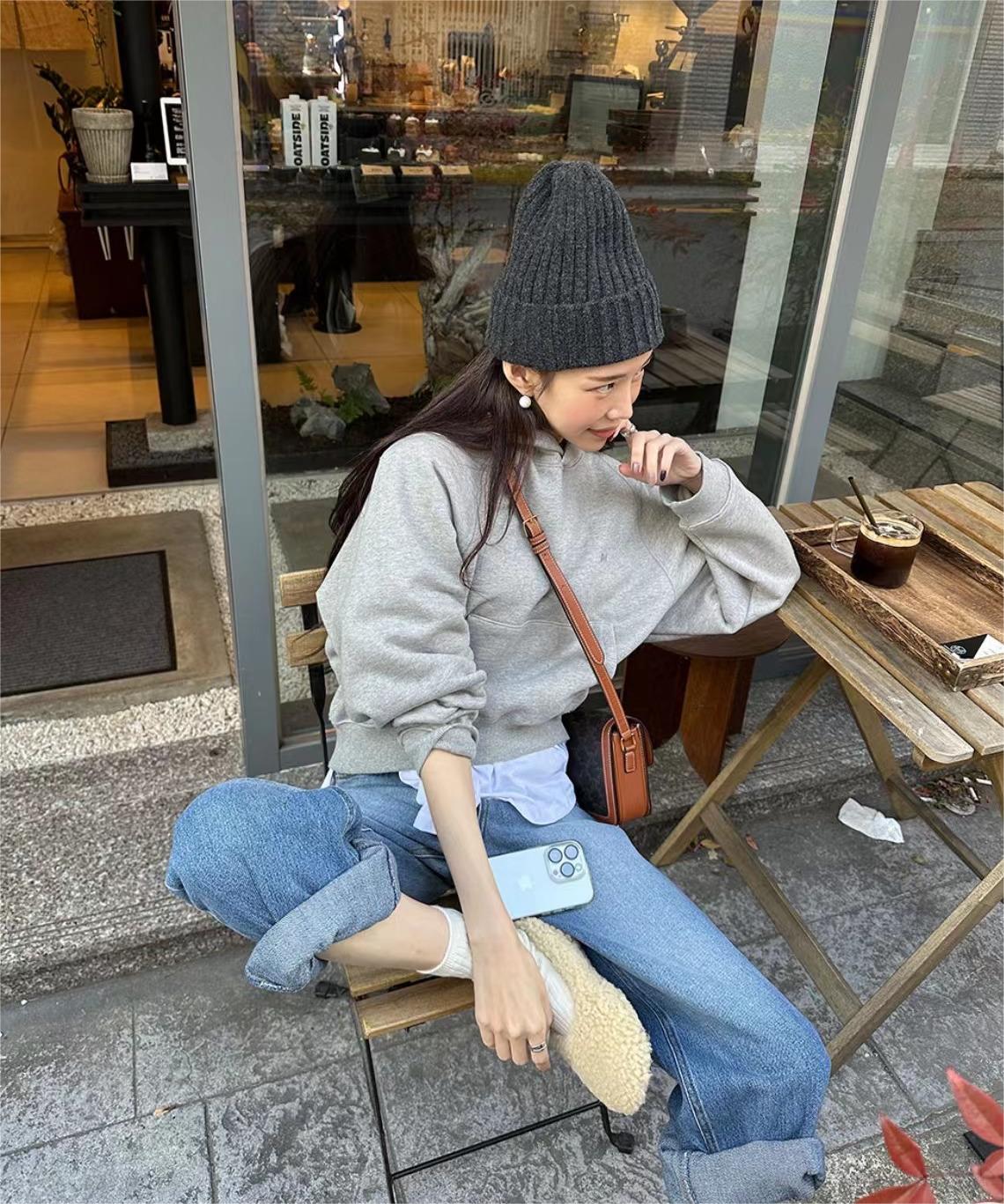 韓國chic秋冬新款復古套頭連帽插肩袖衛衣女寬鬆短款休閒上衣