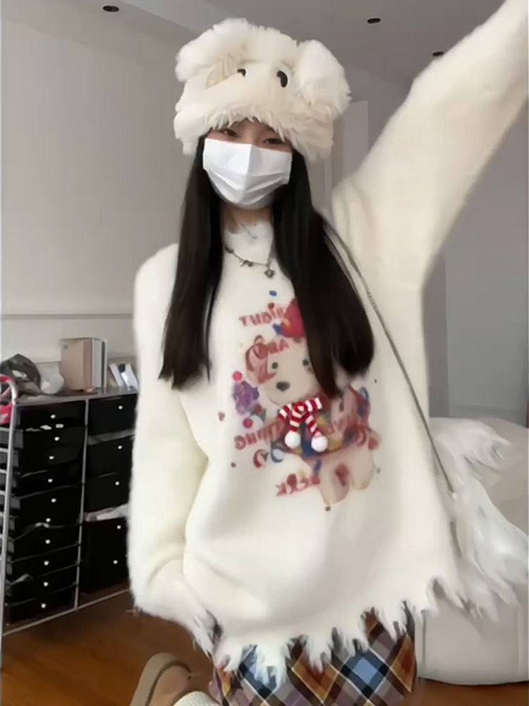 歐貨萬聖可愛鬼v領毛衣女秋冬不規則下擺寬鬆顯瘦長袖針織上衣潮