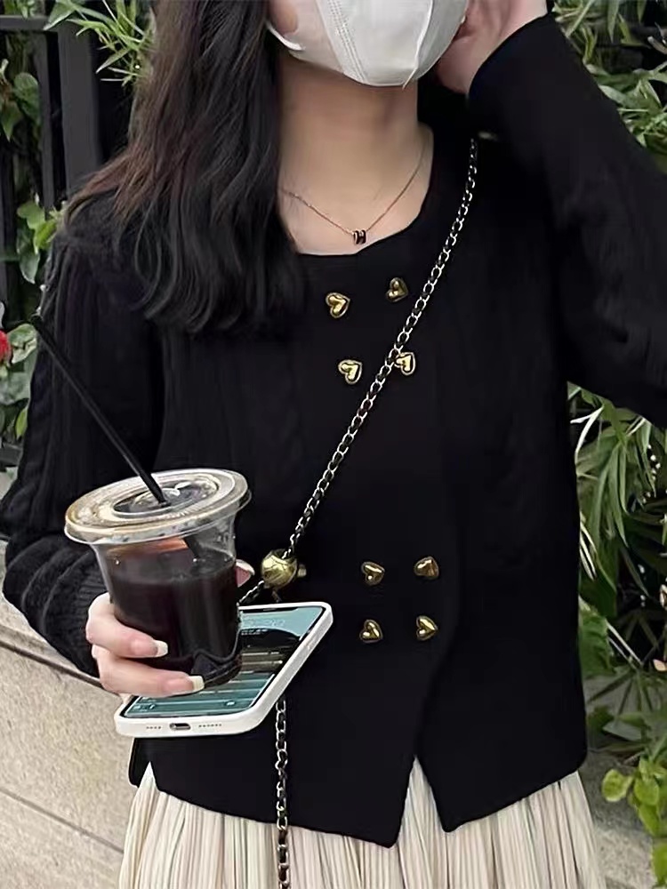 韓版秋冬新款愛心雙排扣開衫氣質毛衣女針織衫短外套寬鬆顯瘦上衣