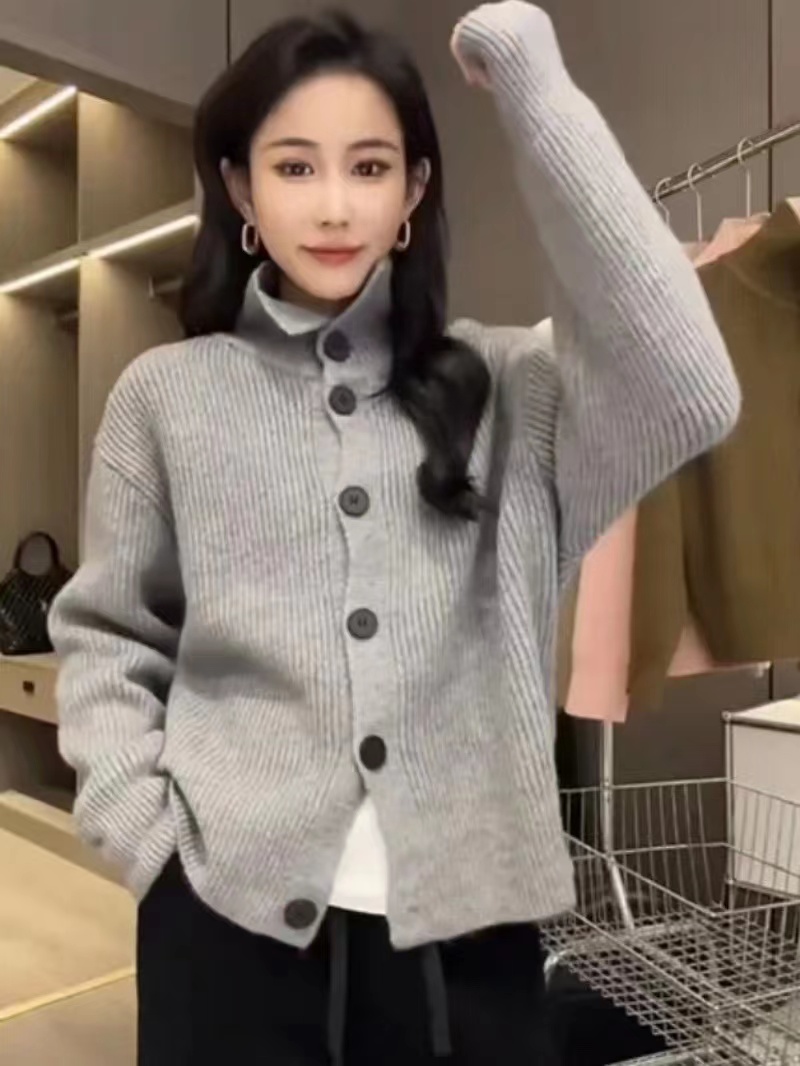 高領針織毛衣開衫外套女秋冬加厚2023新款日系寬鬆韓版慵懶風上衣
