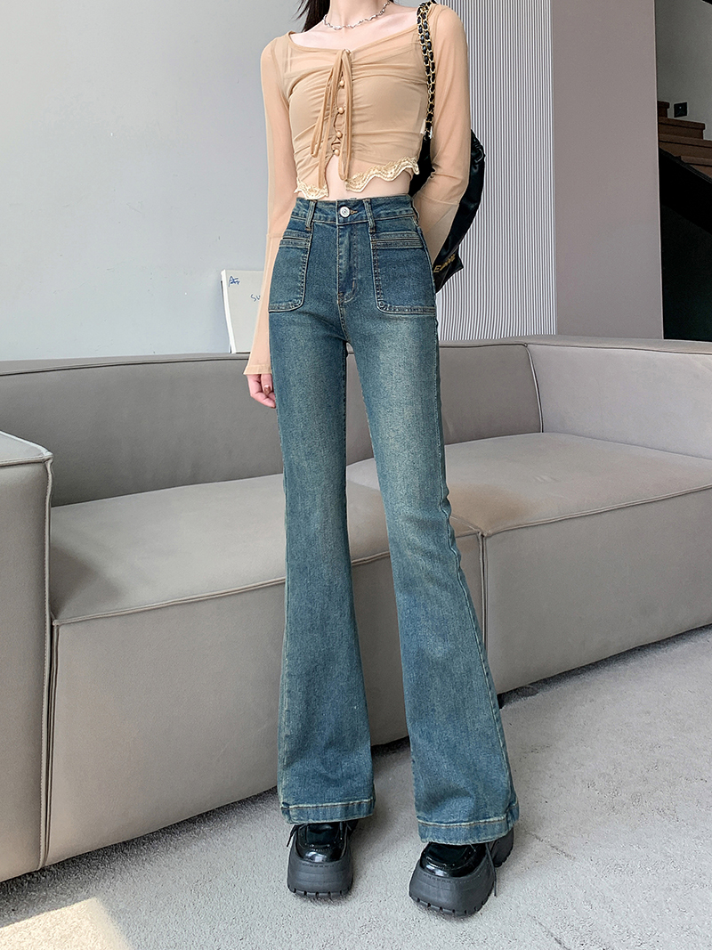 實拍~復古高腰微喇叭牛仔褲女2023秋季水洗修身氣質顯瘦長褲