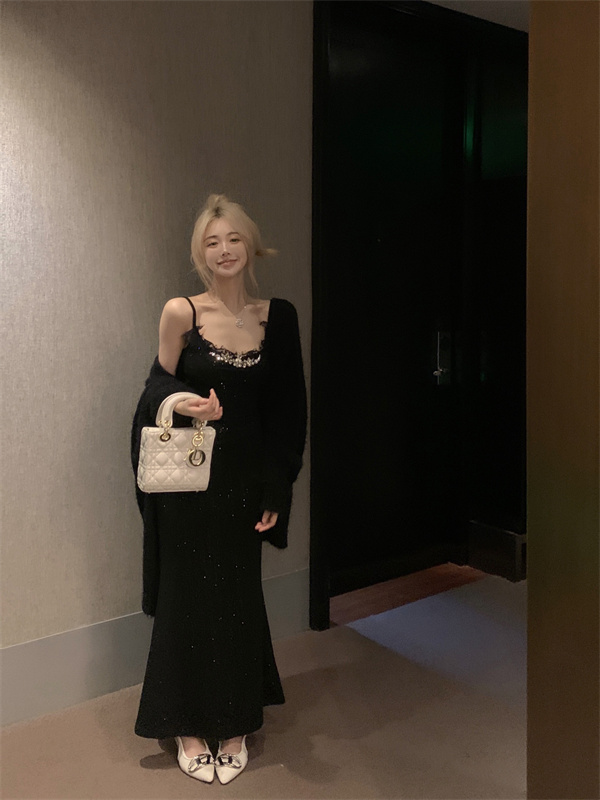 實拍  黑金重工小香戰袍設計感蕾絲性感閃閃吊帶連衣裙