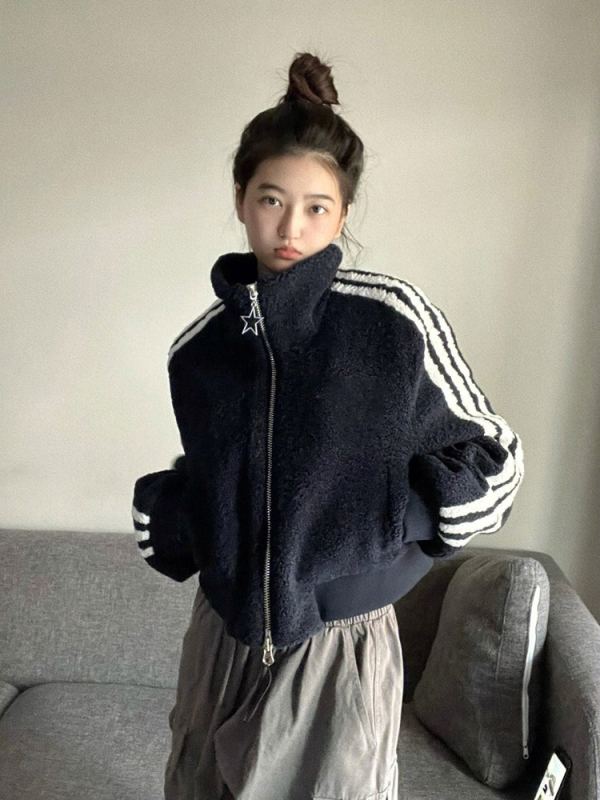 立領加厚短款羊羔毛棉服外套女冬季2023新款美式復古寬鬆百搭上衣