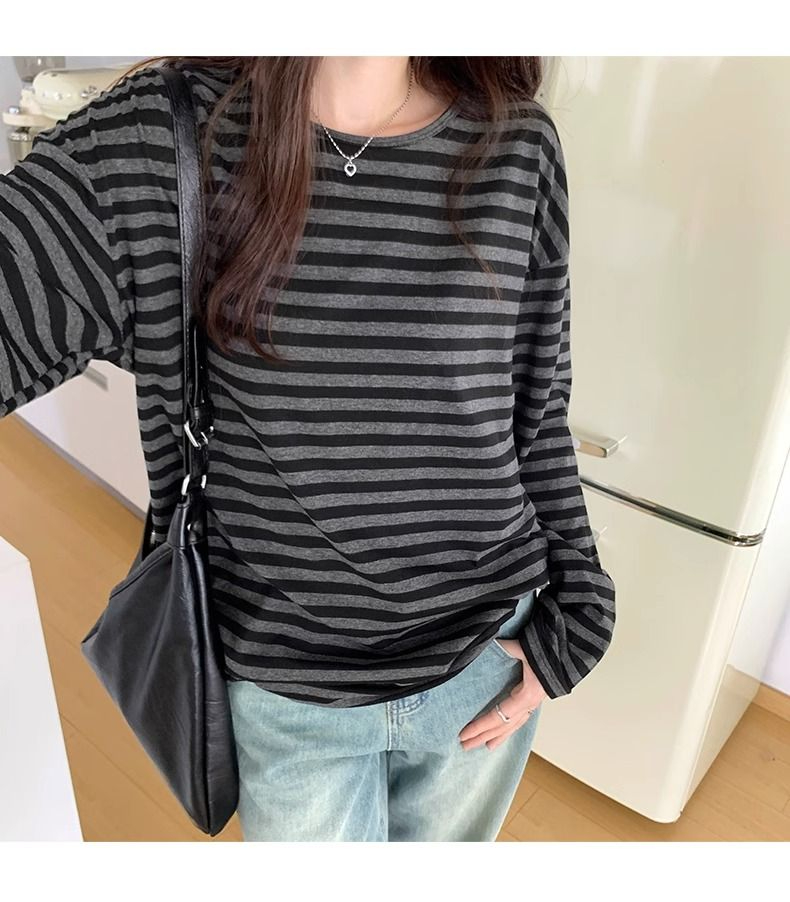 Textile pull-up Korean style casual striped lazy style long-sleeved T-shirt for women