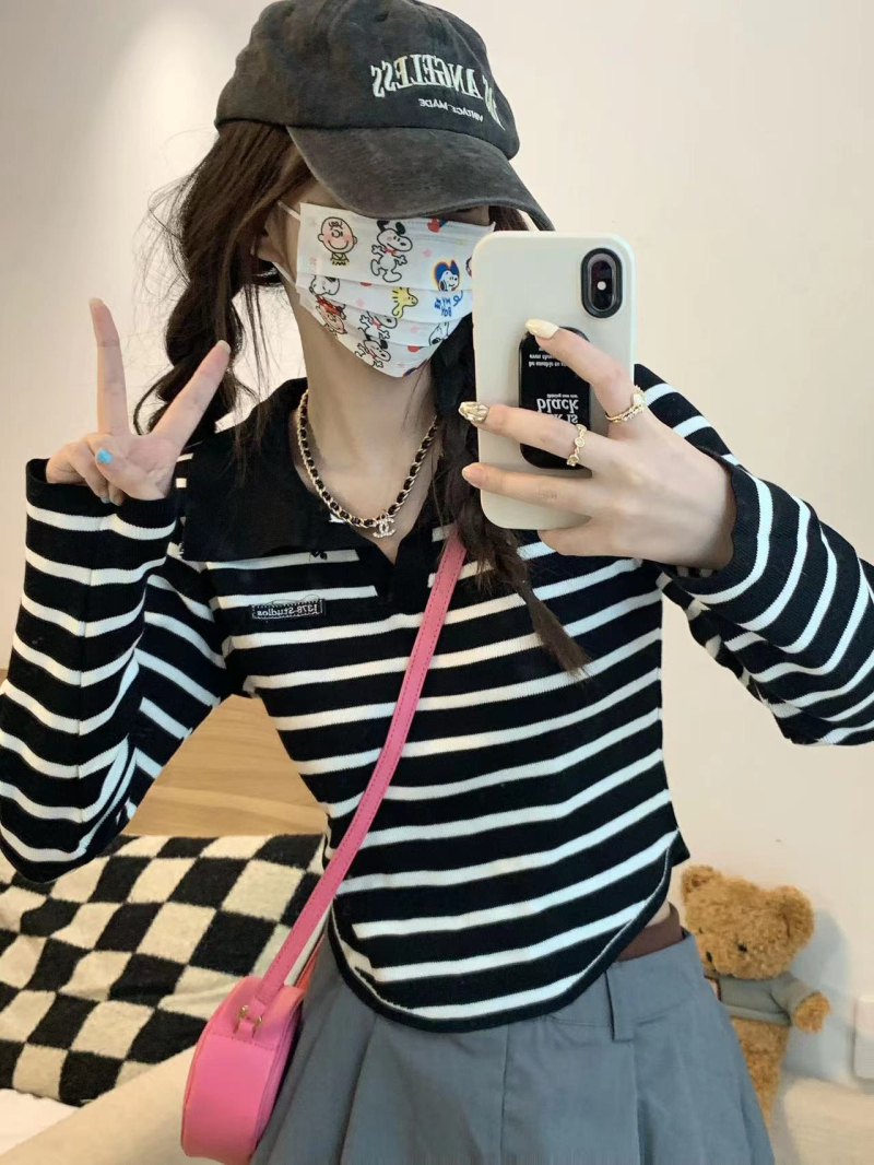 實拍 條紋Polo領正肩T恤短款不規則辣妹上衣秋季長袖ins