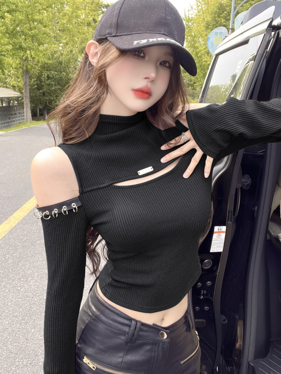 美式復古辣妹半高領性感鏤空短款打底衫女上衣設計感長袖t恤早秋