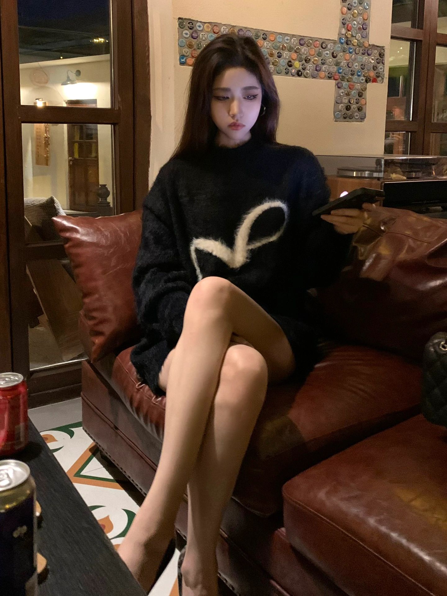 馬海毛軟糯毛衣女秋冬季圓領長袖針織衫寬鬆慵懶風黑色高級感上衣