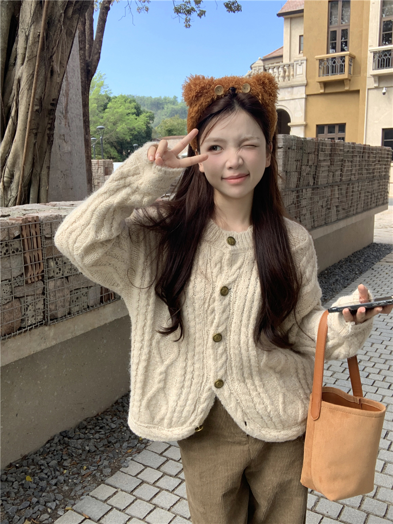 實拍2023秋冬新款寬鬆麻花針織開衫毛衣女