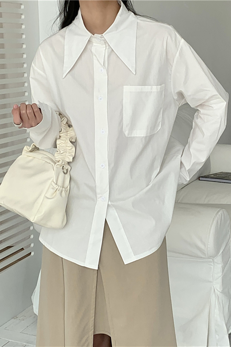 藍色中長款襯衫外套女秋季2023年新款POLO領寬鬆休閒長袖開衫上衣
