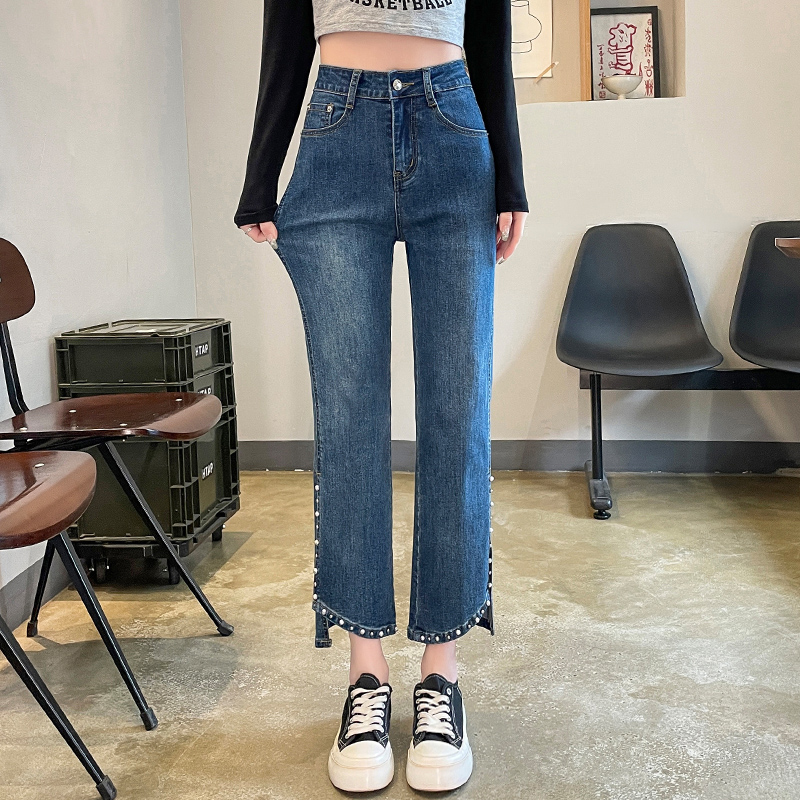 實拍2023秋冬牛仔褲女寬鬆高腰小直筒顯瘦老爹煙管褲九分褲
