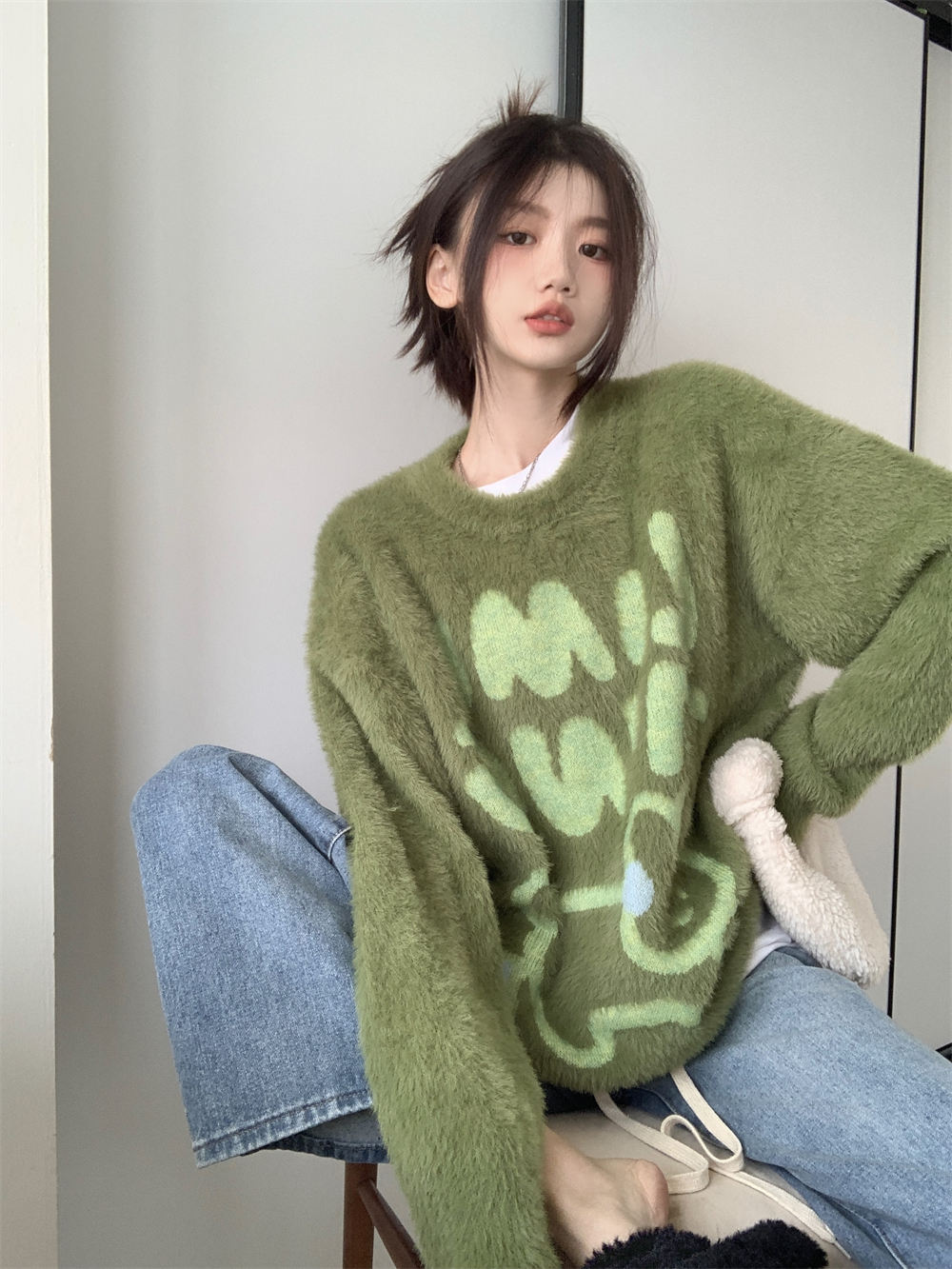 實拍~ 設計感小眾慵懶風水貂絨卡通兔子甜美套頭圓領長袖毛衣