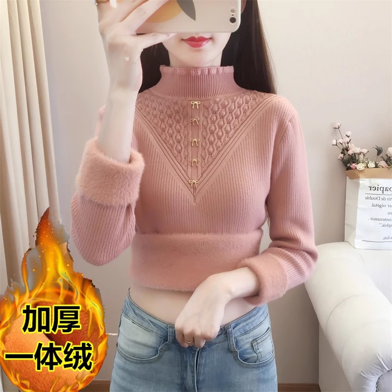 加絨加厚一體絨毛衣女內搭大碼半高領套頭打底衫洋氣保暖上衣