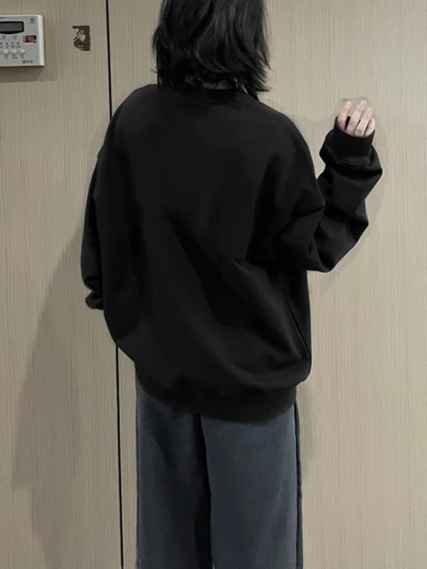 復古黑色圓領oversize衛衣女春秋2023新款加絨加厚小個子疊穿上衣