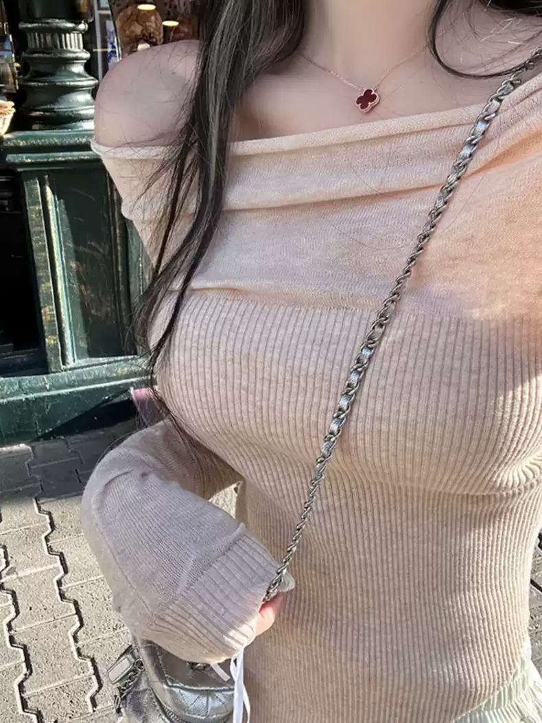 JMSHOP 新貴少女 一字肩長袖上衣打底衫女內搭純欲羊毛針織衫