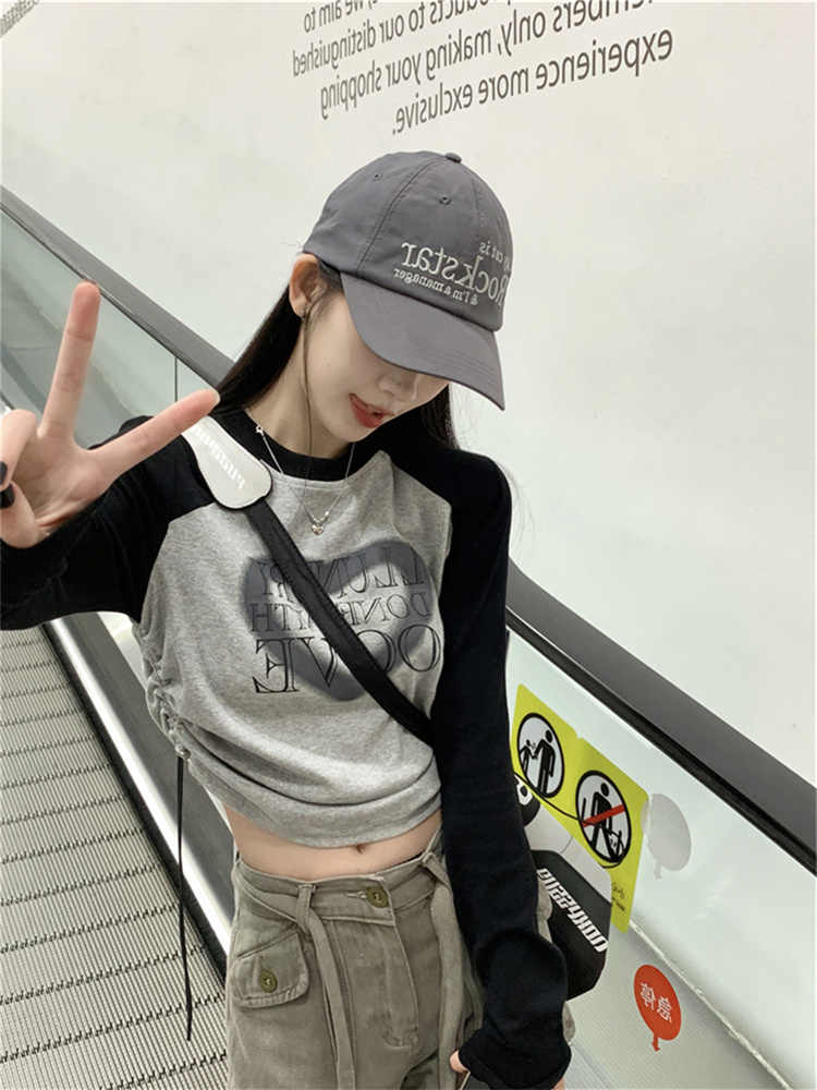 美式復古辣妹短款字母印花撞色T恤女插肩袖顯瘦長袖打底修身上衣